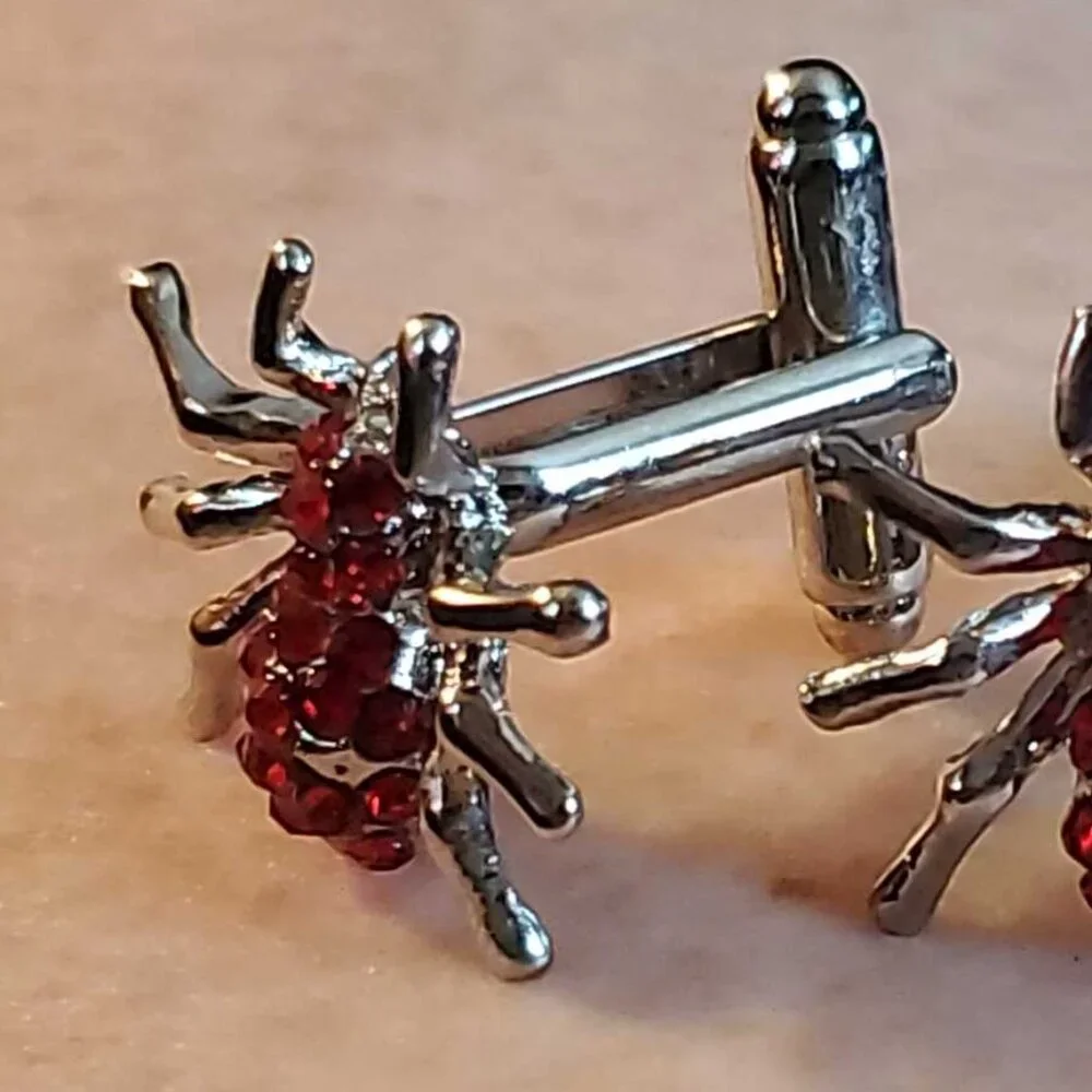 NWT Silver Plated Spider Cufflinks - Bright Red Rhinestones Halloween Gift Goth